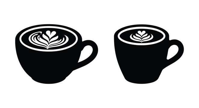 Two cups of latte art coffee with floral designs black and white silhouette