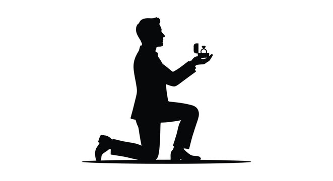 man proposing with ring box on one knee in black silhouette