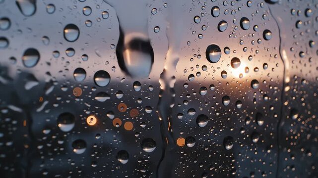 Fresh raindrops on window glass against a dim morning sky