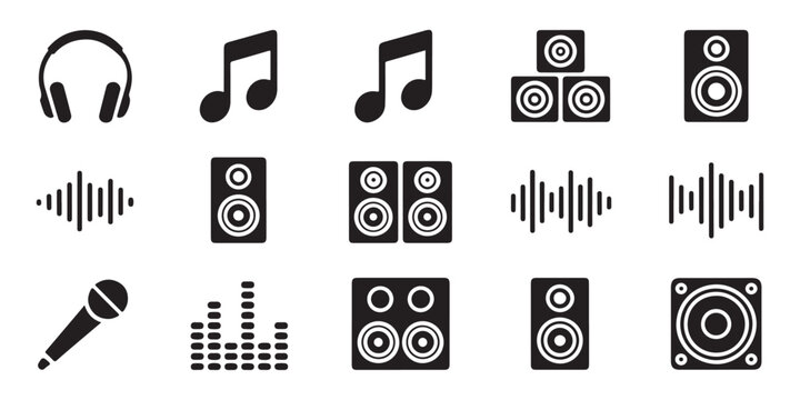 Collection of audio technology icons, sound waves, speakers, and headphones.
