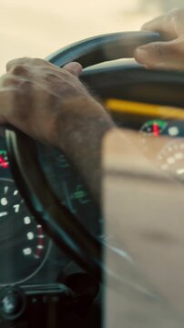 Hands, person and driving bus for travel, transit service and morning commute with vehicle dashboard. Steering wheel, public transportation and driver with journey, working and man by window on trip