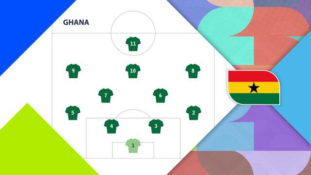Ghana National Football Team Strategy Infographic with Pitch Lineup and Flag.