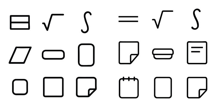 Mathematics and office vector icons with integral, square root and document for presentation design in minimal outline style