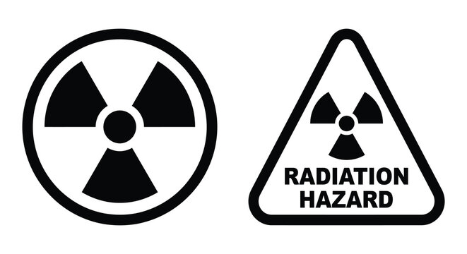 Radiation hazard warning signs circular and triangular shapes black and white silhouette