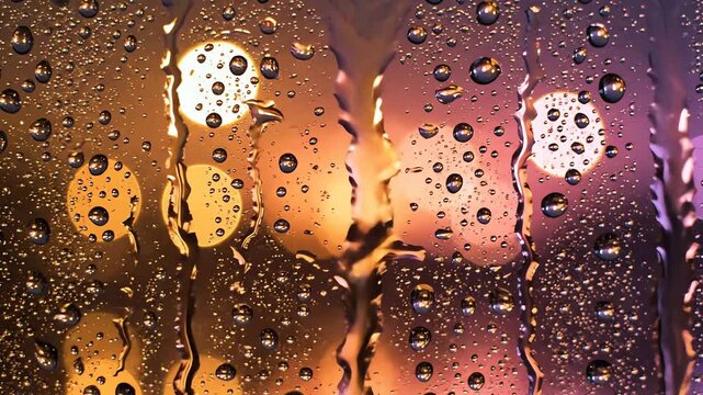 Raindrops on window pane with blurred city street lights at night