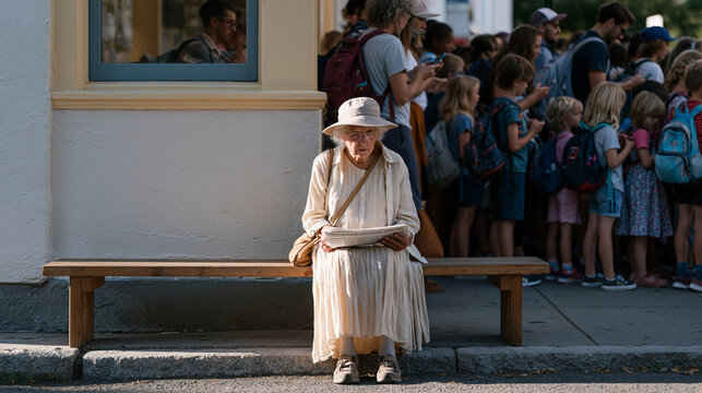Overcrowded school bus stop at early morning with backpack wearing children and parents checking phones while one elderly woman sits on bench reading physical newspaper completely unbothered by surr