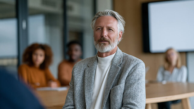 Newer employee stiffening as a senior colleague takes credit for their project idea during a group debrief, office politics power imbalance in a modern conference room, multicultural team seated aro