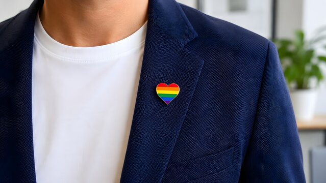 Rainbow heart lapel pin on blue blazer for pride awareness LGBTQ support diversity inclusion equality and professional workplace identity concept