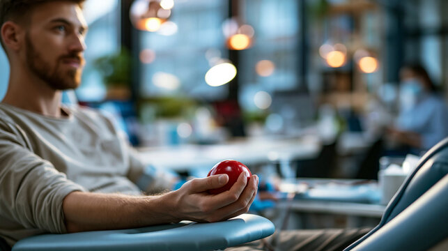 A European young man viewed from the side sits in a bright medical chair donating soft blood holding a red squeeze ball in calm daylight blood donation faceless side view