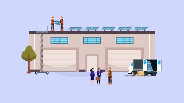 Engineers and technicians installing solar panels on the roof of a modern industrial warehouse building cartoon animation
