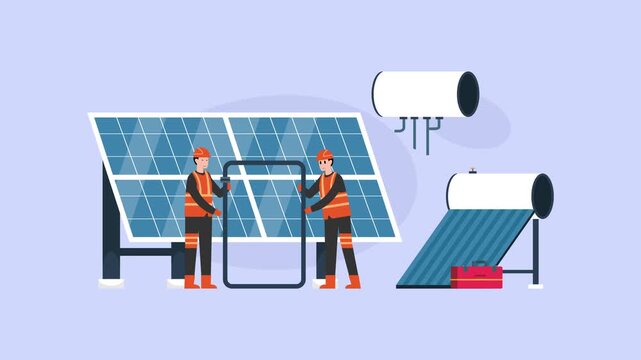 Technicians installing solar panels and solar water heater system for renewable energy cartoon animation