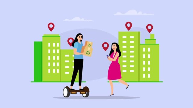 Eco-Friendly Courier on Self-Balancing Scooter Delivering Recyclable Packages in Green City cartoon animation