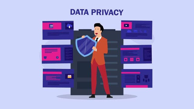 Data privacy and cybersecurity concept with businessman holding shield in front of server cartoon animation