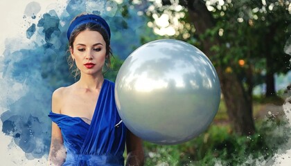 Naklejka premium Elegant Woman in Blue Dress Holding a Large Silver Sphere in Mystical Garden.