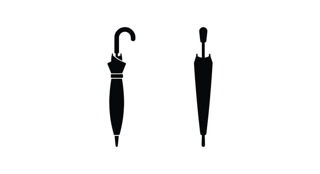 Two black umbrella silhouettes in different positions against a white background silhouette
