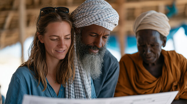 Ethical international volunteer program coordinator meets with village elders at an open air community hall in coastal East Africa reviewing construction timeline drawings on laminated sheets to ens