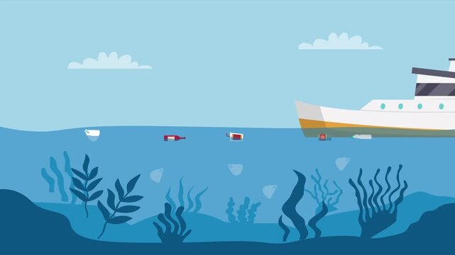 Environmental Activist on Boat Cleaning Plastic Waste and Trash from the Ocean to Save Marine Ecosystem cartoon animation