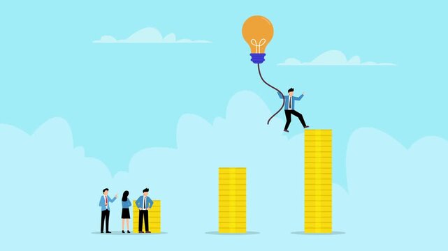 Businessman Using Idea Light Bulb to Jump Between Gold Coin Stacks cartoon animation