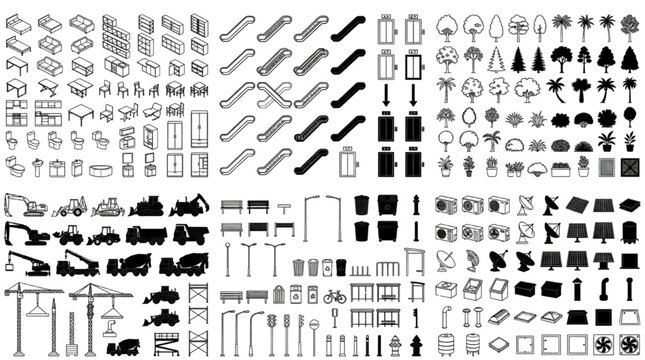 Architectural CAD Mega Asset Collection with Escalators, Construction Equipment, Urban Furniture and Landscape Symbols