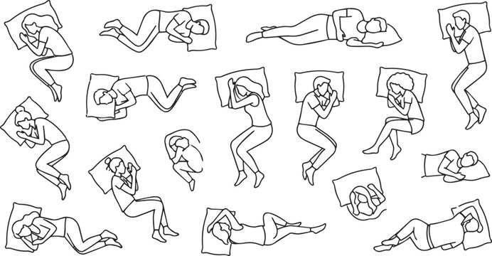 Generate a realistic Top view line illustration of people sleeping in different poses, resting on pillow, bedtime and relaxation concept in clean minimal outline style vector art with white background
