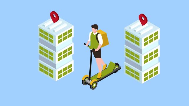 Eco-Friendly Courier Delivering Food on Electric Scooter in Urban City Environment 3d animation cartoon