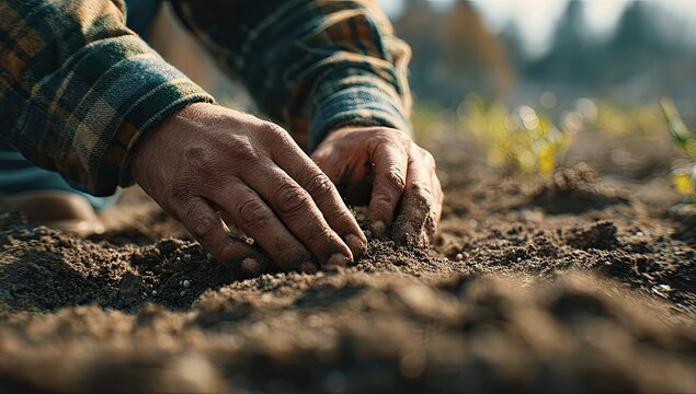 Hands planting seeds in rich soil, warm sunlight illuminates the cultivation process