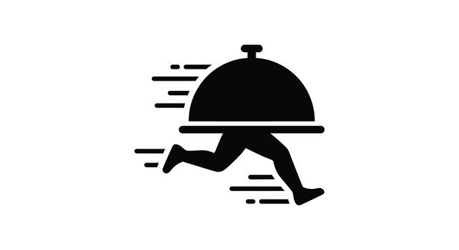 Running waiter carrying covered dish with speed lines black and white silhouette