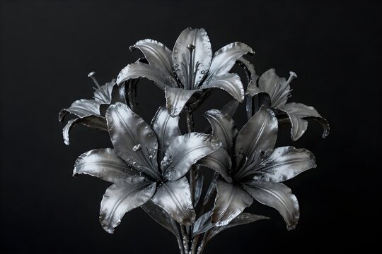 Elegant silver metal lilies bouquet with a sculpted texture