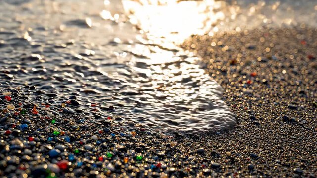 Sea water washing over colorful beach pebbles at sunset. Ocean waves flow across the sand and glass stone along the coastline. Natural landscape at twilight