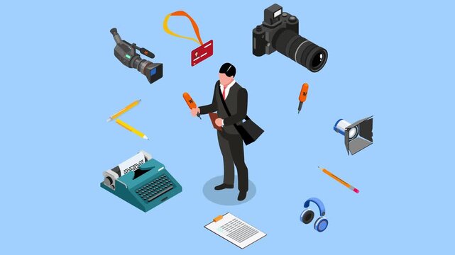Journalism and Media Icon Set with Reporter, Professional Camera Equipment, and News Tools 3d animation cartoon