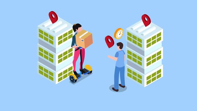 Female Courier on Self-Balancing Scooter Delivering Package to Customer in City 3d animation cartoon
