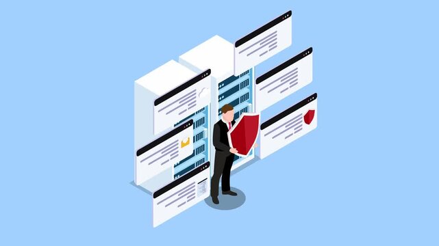 Cyber Security Professional Protecting Server Data with Shield 3d animation cartoon
