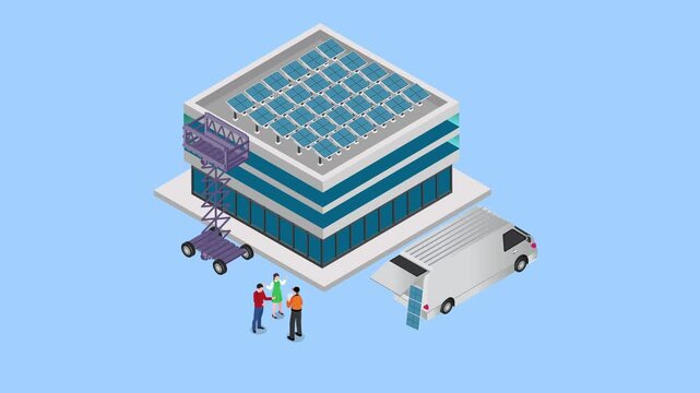 Solar Panel Installation on Modern Office Building with Workers and Scissor Lift 3d animation cartoon