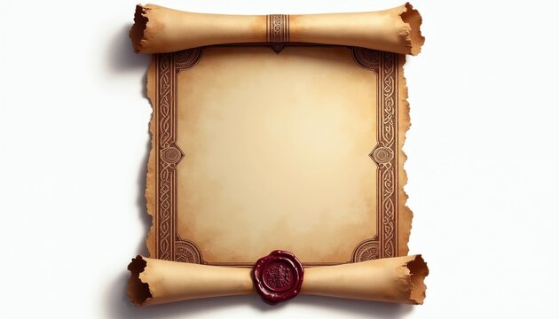 Old rolled parchment scroll with ornate border and red wax seal. Blank vintage paper template for message letter or map isolated on white background. Copy space.