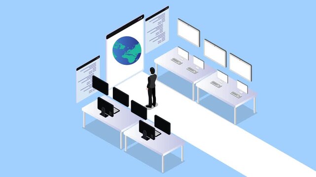 Business Man Managing Global Network and Data in Digital Control Room 3d animation cartoon