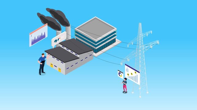Industrial Energy Management and Smart Factory Power Monitoring 3d animation cartoon