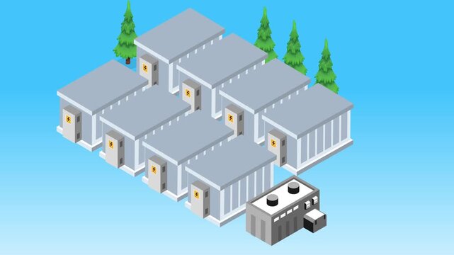 Industrial Battery Energy Storage System BESS and Power Substation 3d animation cartoon