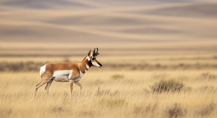 Naklejka premium A majestic pronghorn antelope walks gracefully across a vast, sun-drenched prairie landscape under a clear sky.