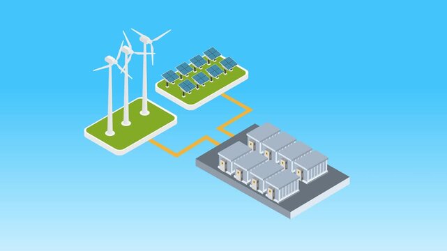 Renewable Energy Farm with Wind Turbines Solar Panels and Battery Storage 3d animation cartoon
