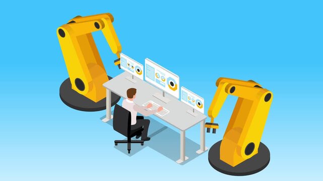 Engineer at Workstation Controlling Industrial Robotic Arms and Data Dashboards 3d animation cartoon