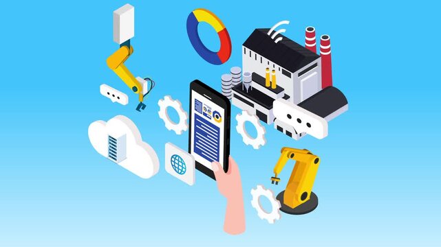 Smart Factory Management via Smartphone with Cloud Computing and Robotics 3d animation cartoon