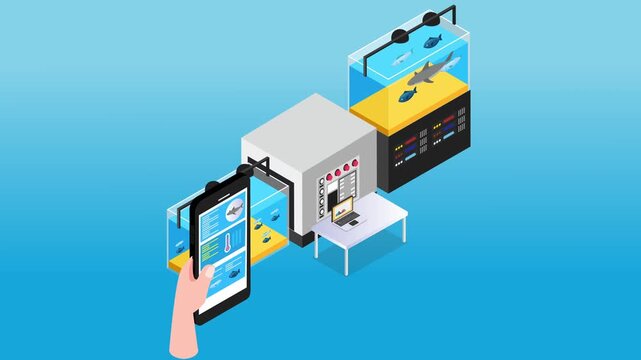 Smart Aquaculture System with Mobile App Control and Automated Fish Tank Monitoring 3d animation cartoon