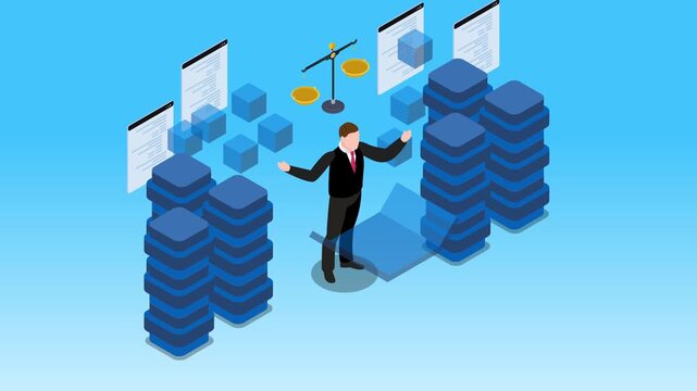 Legal Data Management and Digital Justice System 3d animation cartoon
