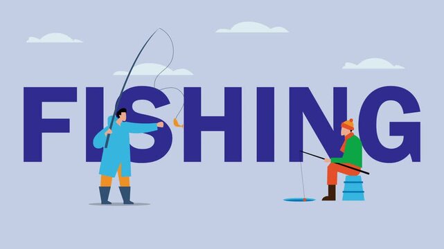 Fishing Typography Concept with Fishermen Catching Fish and Ice Fishing cartoon animation