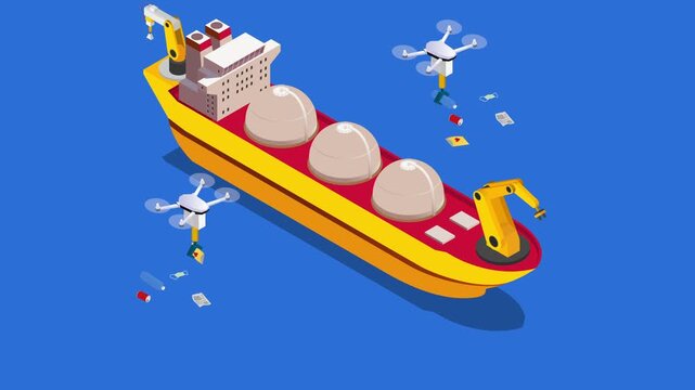 Drones Cleaning Ocean Plastic Waste and Garbage Around an Oil Tanker Ship 3d animation cartoon