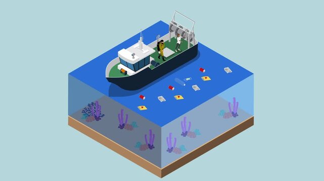 Ocean Cleanup Mission with Research Vessel and Volunteers Collecting Plastic Waste 3d animation cartoon
