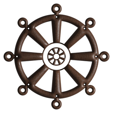 Buddhist Dharmachakra wheel icon, brown leather textured dharma wheel vector illustration on white background