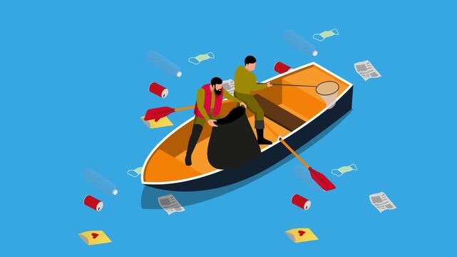 Volunteers in Rowboat Collecting Plastic Waste and Garbage from Ocean Surface 3d animation cartoon