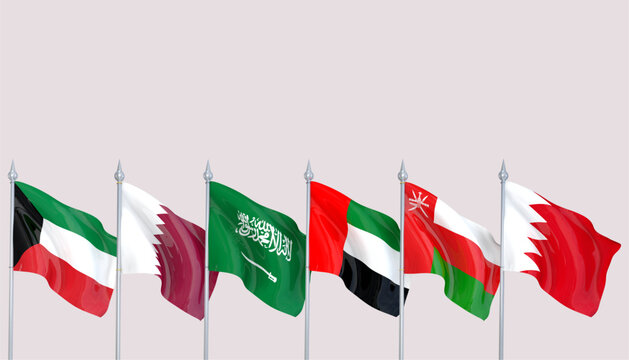 Editable SVG Gulf Cooperation Council (GCC) national flags waving on silver poles. Fully customizable vector illustration of Arab Gulf countries flags with copy space.