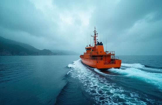 Orange workboat sails on choppy blue sea near misty hills. Industrial vessel navigates open water leaving white wake. Marine transport moves forward under overcast sky.